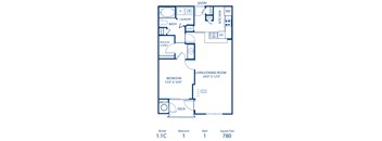 A floor plan of a one bedroom apartment with a living/dining room.