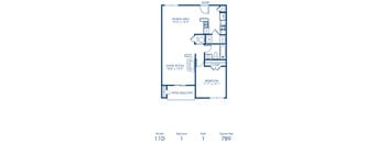 A blueprint of a 1 bedroom apartment with a living room, dining area, and bathroom.