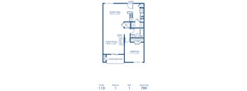 A blueprint of a 1 bedroom apartment with a living room, dining area, and bathroom.