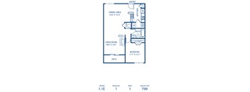 A blueprint of a one bedroom apartment with a living room, kitchen, and bath.