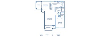 A blueprint of a house layout with a living room, kitchen, and bathroom.
