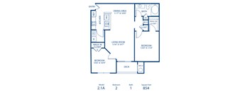 A blueprint of a house layout with a living room, dining area, kitchen, and two bedrooms.