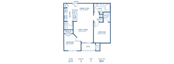 A blueprint of a house layout with a living room, two bedrooms, a bathroom, and a dining area.