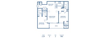 A blueprint of a house layout with a living room, two bedrooms, a bath, a kitchen, a dining area, and a deck.