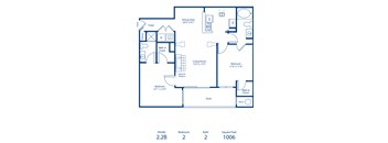 A blueprint of a house layout with a living room, two bedrooms, a bath, a dining area, and a deck.