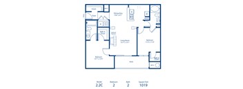 A blue and white floor plan of a two bedroom, two bathroom apartment.