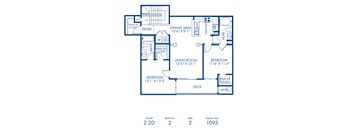 A blueprint of a house layout with a living room, two bedrooms, a dining area, and a kitchen.