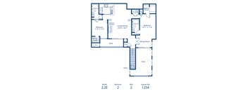 A blueprint of a house layout with labeled rooms and dimensions.