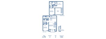 A blueprint shows the layout of a 2,200 square foot home with two bedrooms and two bathrooms.