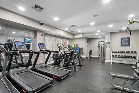 A gym with treadmills, weights, and exercise equipment.