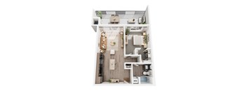 A top-down view of a house layout with a kitchen, living room, dining area, and bathrooms.