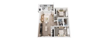A top-down view of a small apartment with a kitchen, living room, and bathroom.