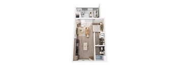 A top down view of a small apartment with a kitchen, living room, and bathroom.