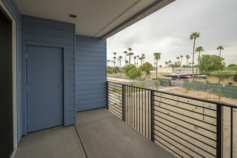 A balcony with a blue door and a black railing.