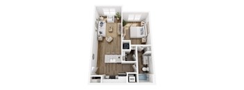A top-down view of a small apartment with a living room, kitchen, and bedroom.