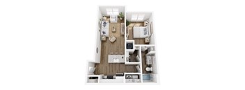 A top-down view of a small, neatly organized apartment with a kitchen, living room, and bathroom.