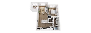 A top-down view of a small, neatly organized apartment with a bedroom, living room, and kitchen.