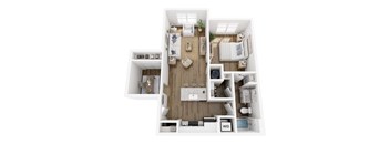 A top-down view of a small apartment with a kitchen, living room, and bathroom.