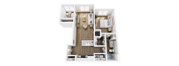 A top-down view of a small, neatly organized apartment with a bedroom, living room, and kitchen.
