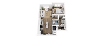 A top down view of a small apartment with a kitchen, living room, and bathroom.
