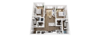 A top-down view of a small, neatly organized apartment with a kitchen, living room, and bathroom.
