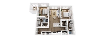 A top-down view of a small apartment with a kitchen, living room, and bedroom.