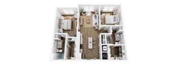 A top-down view of a small apartment with a kitchen, living room, and bedroom.