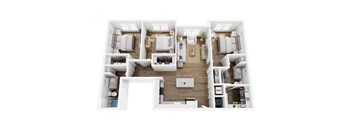 A top-down view of a well-organized apartment with a kitchen, living room, and bedrooms.