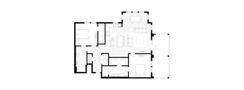 A black and white floor plan of a multi-room building.
