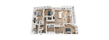 A top-down view of a house layout with multiple rooms and furniture.