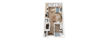 A top down view of a small apartment with a kitchen, living room, and bathroom.