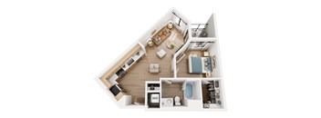 A top-down view of a modern apartment layout.