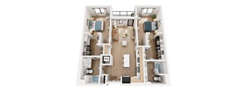 A top-down view of a two-bedroom apartment with a living room, kitchen, and bathrooms.