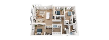 A floor plan of a house with a kitchen, living room, dining room, and bathrooms.