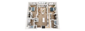 A top-down view of a well-organized apartment with a living room, kitchen, and two bedrooms.