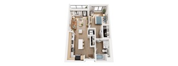 A top-down view of a well-organized apartment with a living room, kitchen, and bathroom.