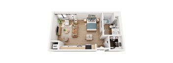 A top-down view of a small apartment layout with a living room, kitchen, and bedroom.