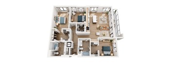 A top-down view of a well-organized apartment layout.