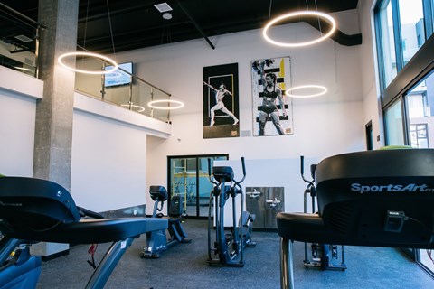 A gym with a row of treadmills and a wall hanging of a basketball player.