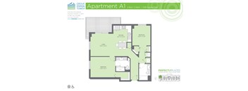 A floor plan for Apartment A1 at Grove Station Tower, showing a 2 bedroom, 2 bathroom layout with a living area and kitchen.