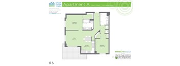 A floor plan for Apartment A at Grove Station Tower, featuring two bedrooms, two bathrooms, and a total area of 1102 square feet.