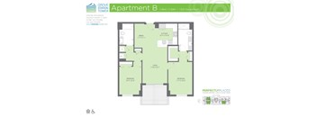 A floor plan for Apartment B, a 2 Bed / 2 Bath apartment, is displayed.