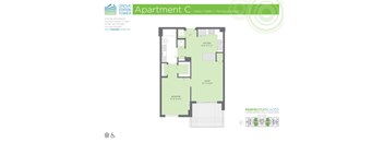 A floor plan for a 1 bedroom apartment with 1 bathroom and a total area of 754 square feet.