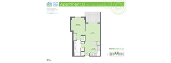 A floor plan for Apartment D at Grove Station Tower, featuring one bedroom, one bathroom, and a total area of 759 square feet.
