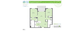 A floor plan for Apartment F, a 2 Bed / 2 Bath apartment sized at 1087 Square Feet.