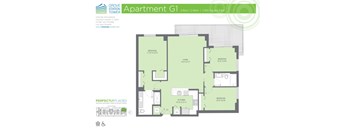 Apartment G1 floor plan for a 1 bedroom, 2 bath apartment at Grove Station Tower.