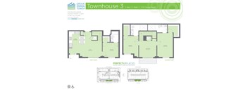 A floor plan for a 3 bedroom, 3 bathroom townhouse with a first and second floor.