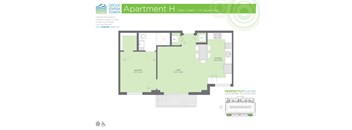A floor plan for Apartment H, a 1 bedroom, 1 bath apartment sized at 737 square feet.