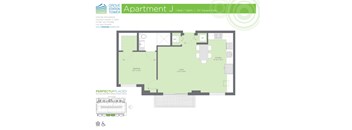 A floor plan for a Grove Station Tower apartment, which includes a bedroom, bathroom, and kitchen.