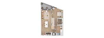 A floor plan of a small apartment with a kitchen, living room, and bathroom.